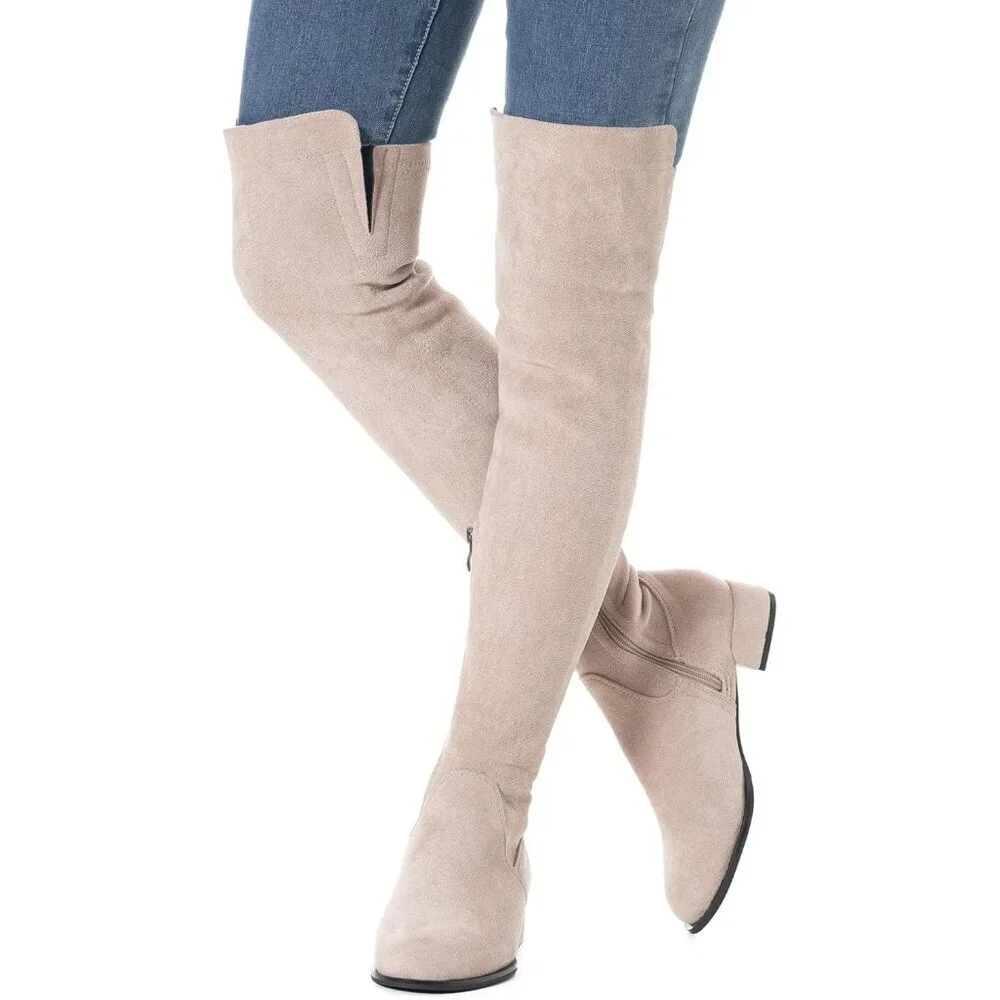 Women Neutral/1in Suede Over the Knee Thigh High Chunky Block Heel Winter Boots